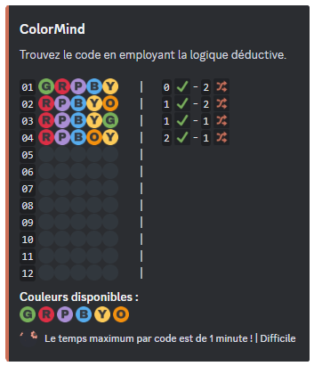 Aperçu du jeu "ColorMind" en mode "Difficile"