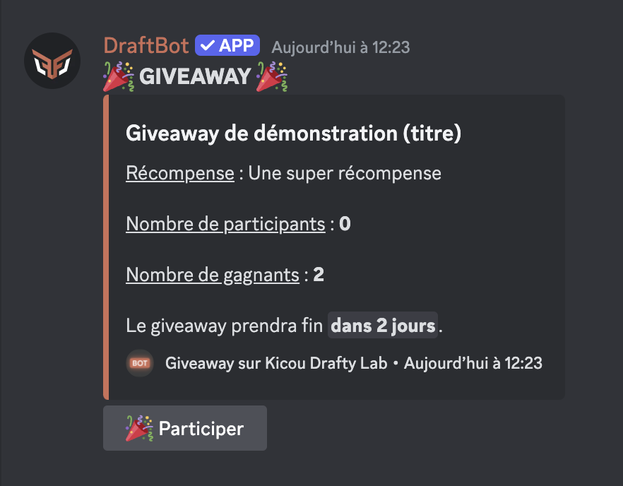 Aperçu d'un giveaway pour une récompense personnalisée.