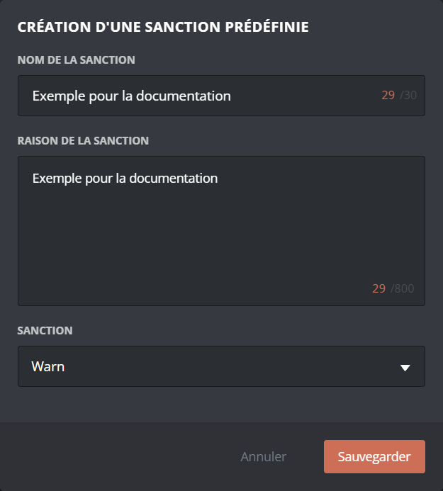 Création d'une sanction prédéfinie